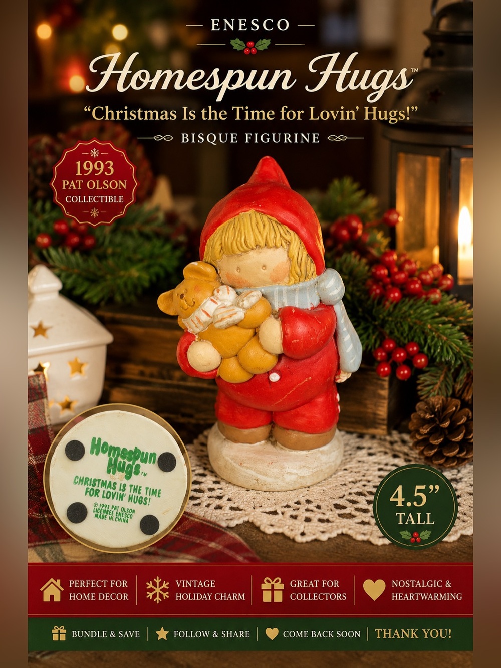 Enesco Homespun Hugs “Christmas Is the Time for Lovin’ Hugs!” Bisque Figurine –